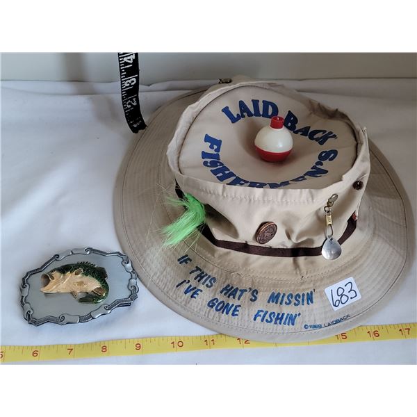 1978 Fish belt buckle & unique 1989 fishing hat.
