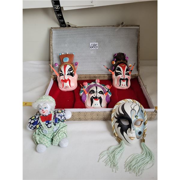 Vintage boxed Chinese Peking miniature opera masks. Clown & drama mask.