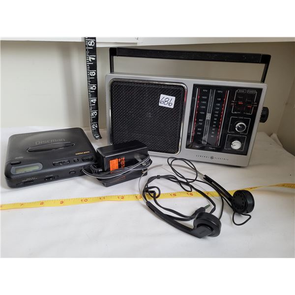 General electric transistor radio. Sony discman with headphones.