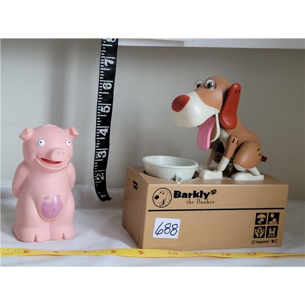 Barkley touch activated coin bank & a singing pig.