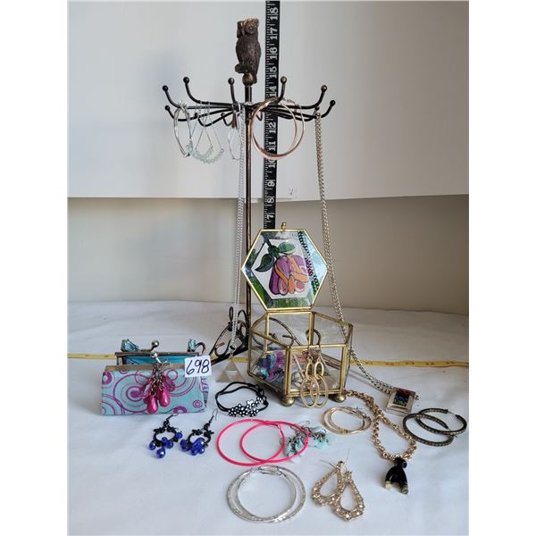 Lot of costume jewelry, glass trinket box, Owl atop spinning hanger & trinket purse.