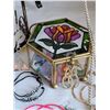 Image 6 : Lot of costume jewelry, glass trinket box, Owl atop spinning hanger & trinket purse.