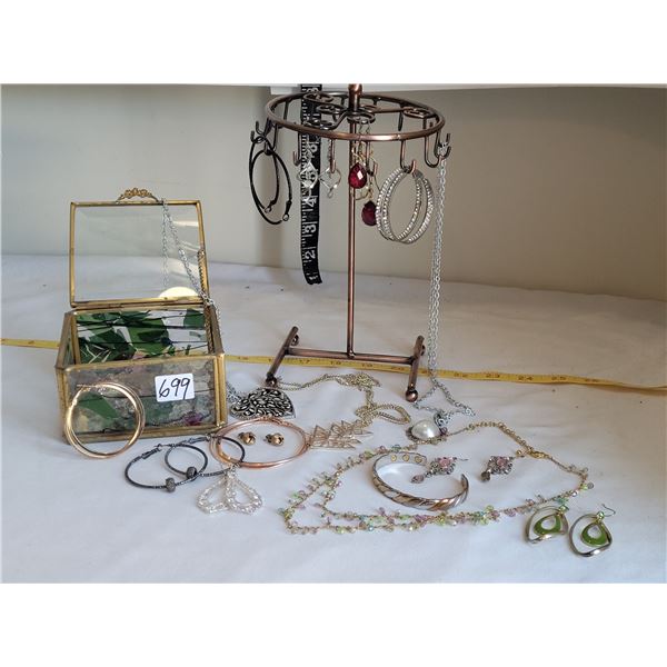 Jewelry carousel. Glass trinket box. Costume earrings, chains, pendants & magnetic bracelet.