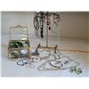 Image 1 : Jewelry carousel. Glass trinket box. Costume earrings, chains, pendants & magnetic bracelet.