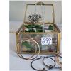 Image 5 : Jewelry carousel. Glass trinket box. Costume earrings, chains, pendants & magnetic bracelet.