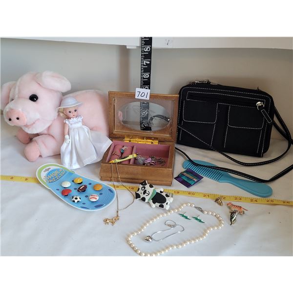 Little girl lot of costume jewelry, synthetic pearls, pins necklaces & bracelet. Plush piggy. Tiny d