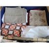 Image 6 : Old worn suitcase full of vintage linens, doilies, table clothes, shelf paper, toiletry bag & more.