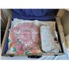 Image 9 : Old worn suitcase full of vintage linens, doilies, table clothes, shelf paper, toiletry bag & more.