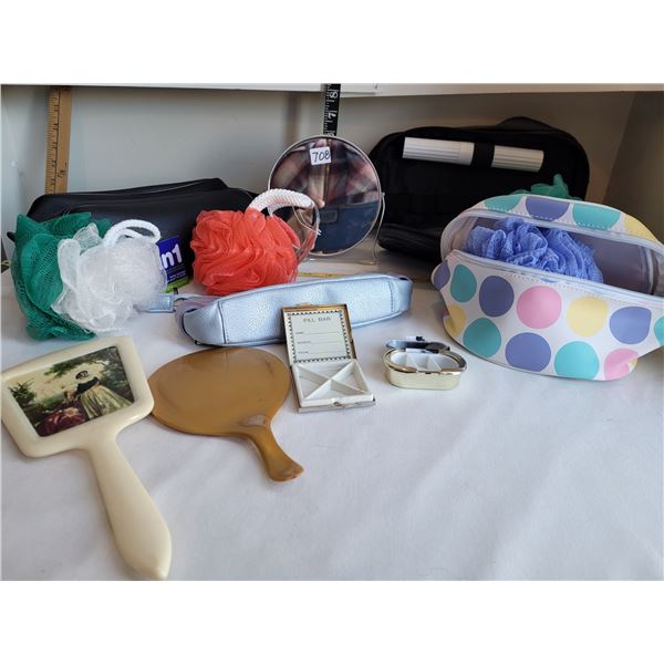 Toiletry travel bags, pill boxes. 2 sided magnifier mirror, 2 vintage hand mirrors ( possibly bakeli