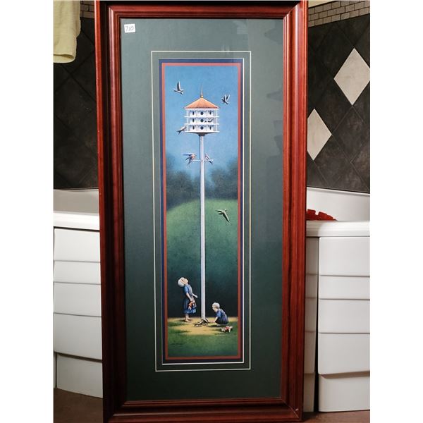 Large eye catching framed print of a purple martin bird house. 41.5”H  X 20”W