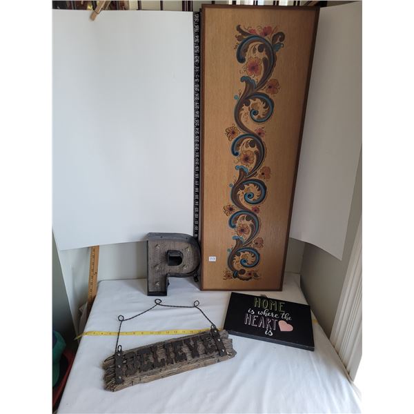 Wall decor includes a wood hand painted design, Light up P & others.