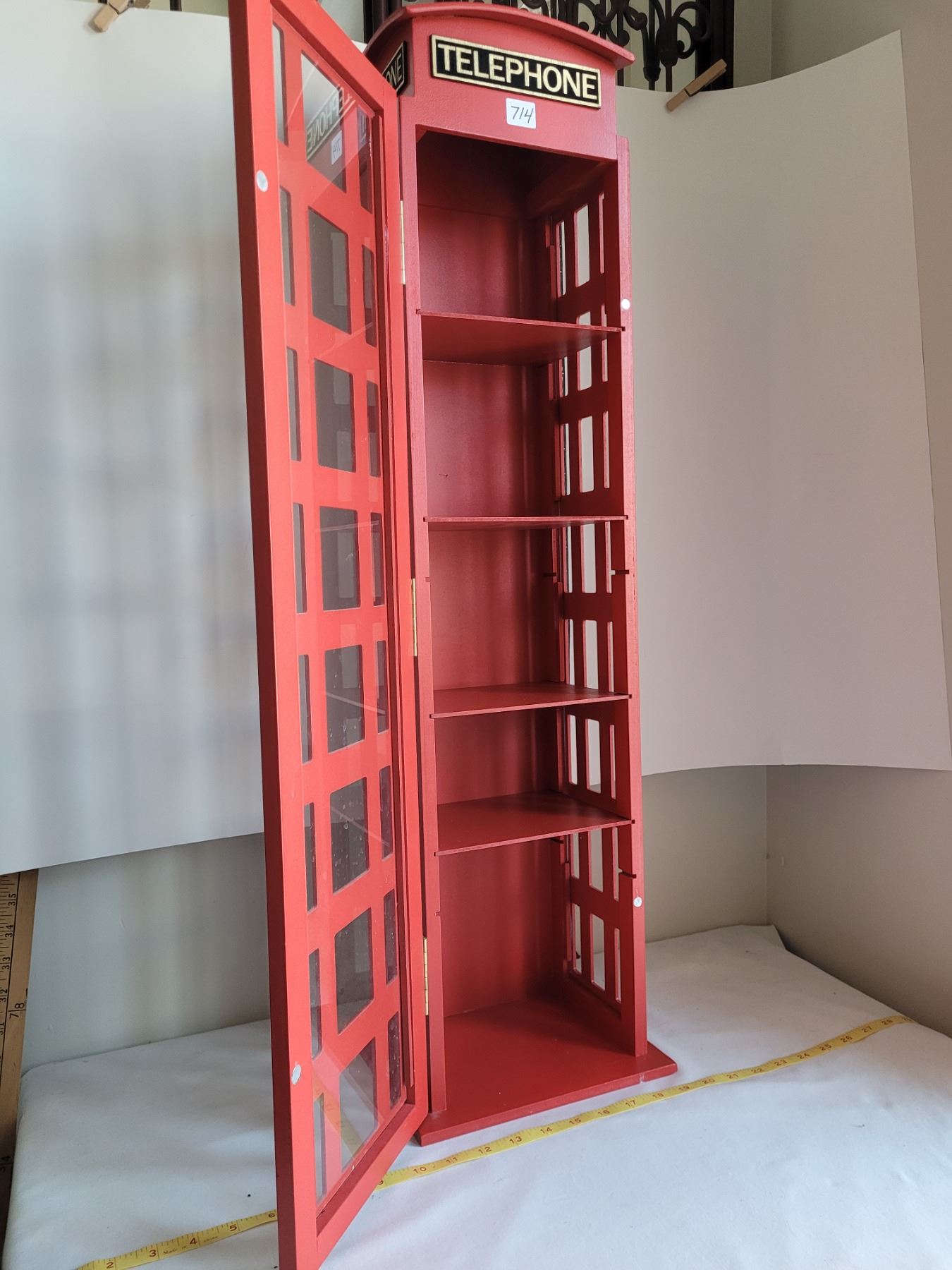 Tall wood & glass British phone booth display cabinet. 33.5”H X 8”W