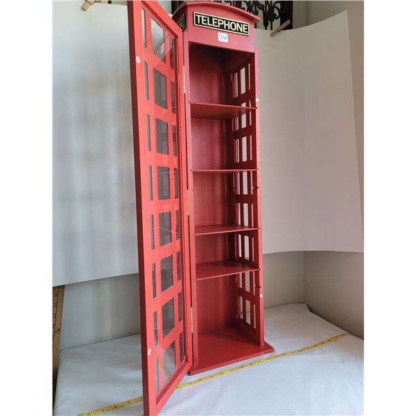 Tall wood & glass British phone booth display cabinet. 33.5”H X 8”W