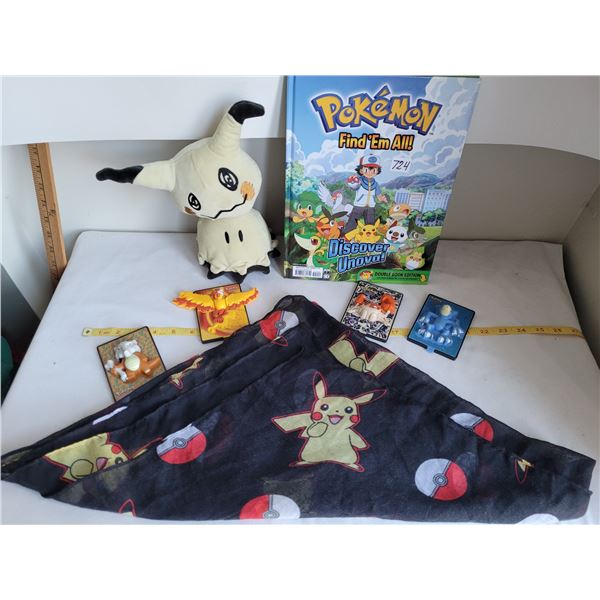 Pokemon Find'em double book, scarf, stuffed character, & 4 3D action cards.