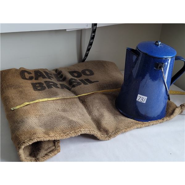 Burlap Cafe Do Brazil coffee bean bag  with enamel campfire brew pot.