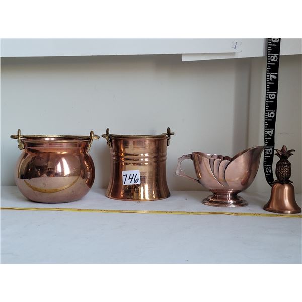 Copper collection, Pineapple bell, creamer, pail & caldron with brass snake handles.
