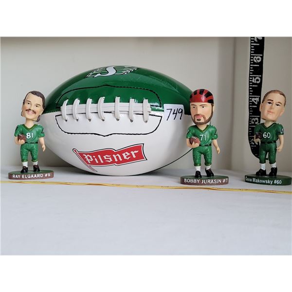 Pilsner,Sk. Roughrider football & 3 player bobble heads.