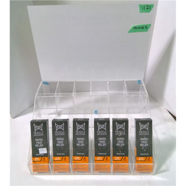 Large Plexi Display 15.5 inches with 6 New/Sealed Aroma Pain Relief Spray