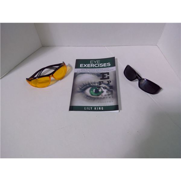 Eye Exercise Book with Pin Hole Exercise Glasses + Blue Light Blocking Glasses
