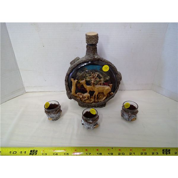 Wood Govered Glass Bottle w/ 3 Matching Shot Glasses