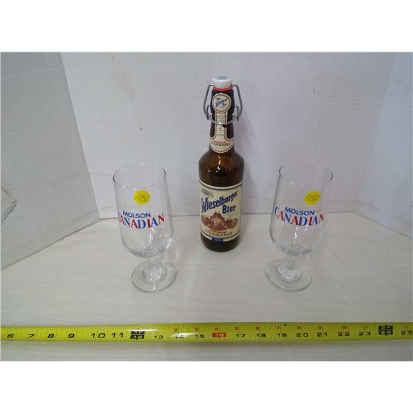 Wiesel Buger Beer Bottle, 2 Molsen Canadian Glasses