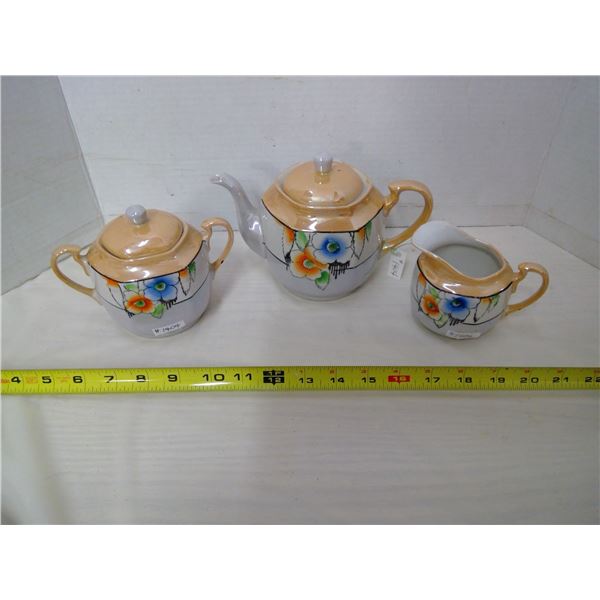 Lustre Ware teapot, cream and sugar, made in Japan
