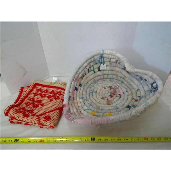 Heart shaped wool basket and handmade cotton and wool runner 41” x 16 ½”
