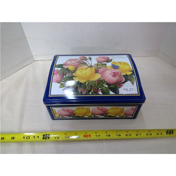 Floral tin of wooden spools with ribbon and trim