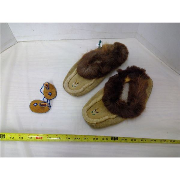 Moccasin slippers, beaver trim, and beaded novelty pair for vehicle mirror