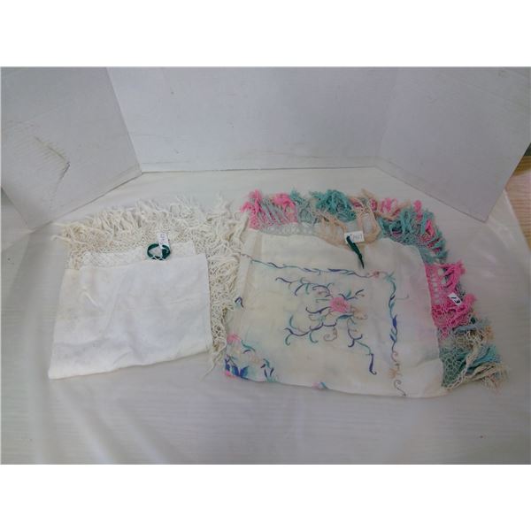 Vintage square tablecloths, embroidered silk and fringed damask