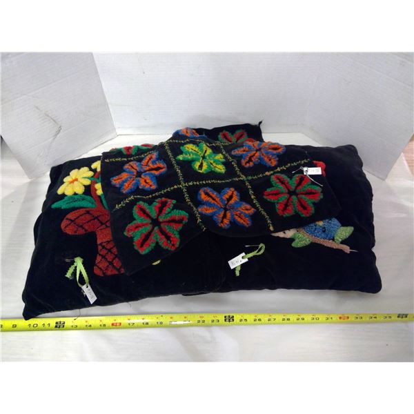 Velvet and wool tufted pillows, one with feather filling and one worked top