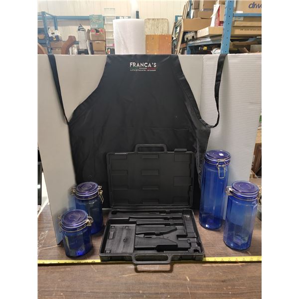 4 Blue Glass Pasta Canasters + Empty Knife Case