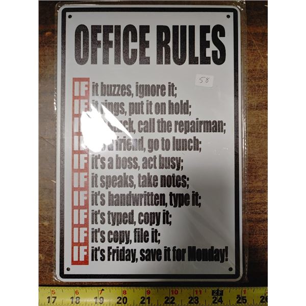 Tin Sign 8 x 11 3/4 Office Rules
