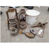 Image 2 : barn lanterns, pail, pick axes, & sad irons