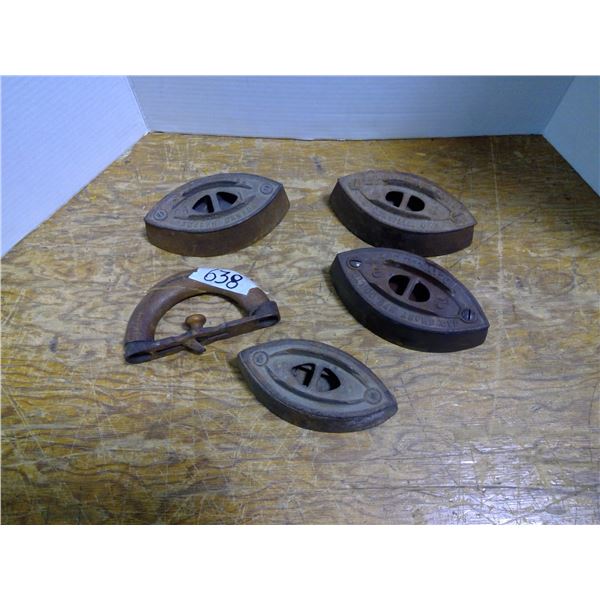 Lot of 4 Vintage Irons, 1 Broken Handle
