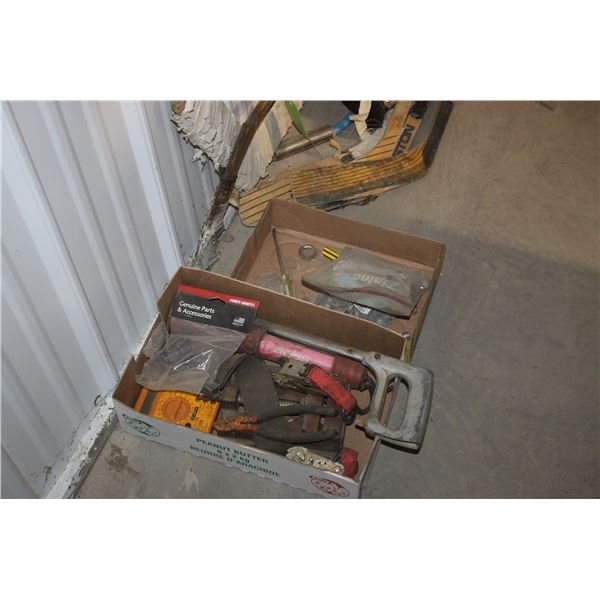 2 boxes of miscellaneous tools - hockey sticks etc