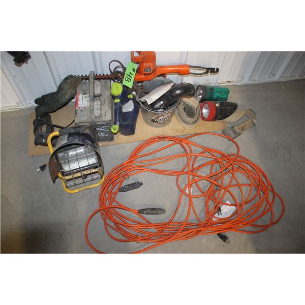 Cords, trimmer, light, battery, drill and strap