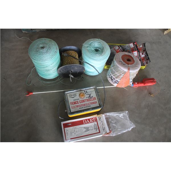 3 Rolls of Twine, Fence Wire, Elec. Fencer, Cattle Prod, Fence Splicer and Insulators