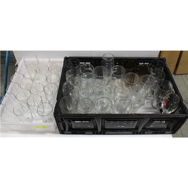 LOT OF 2 TRAYS OF ASSORTED GLASSWARE INCL: GUINESS