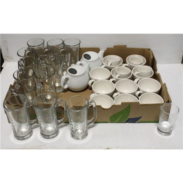 FLAT OF ASSORTED COFFEE CUPS W/ 2 TEA POTS