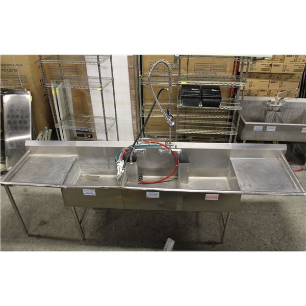 LARGE 3-WELL STAINLESS STEEL SINK W/ 2 DRAINBOARDS