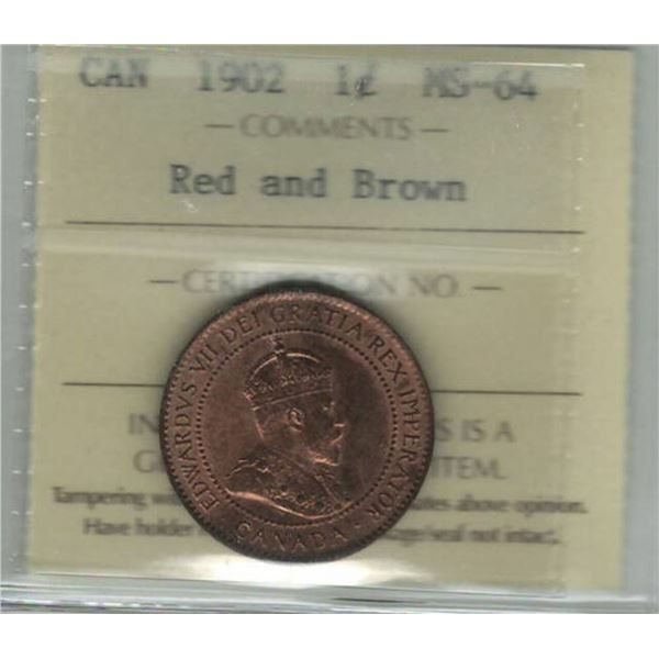 1902 Canada 1 Cent Red and Brown ICCS MS 64