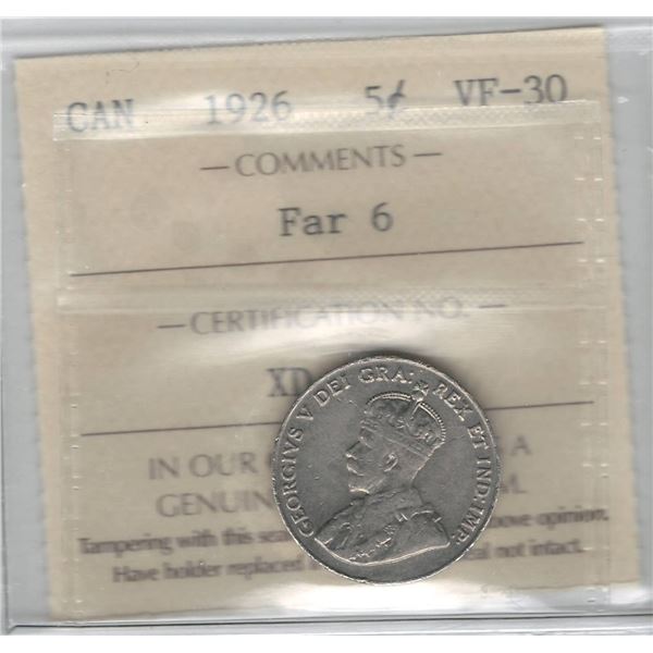 1926 Canada 5 Cent Far 6 ICCS VF 30