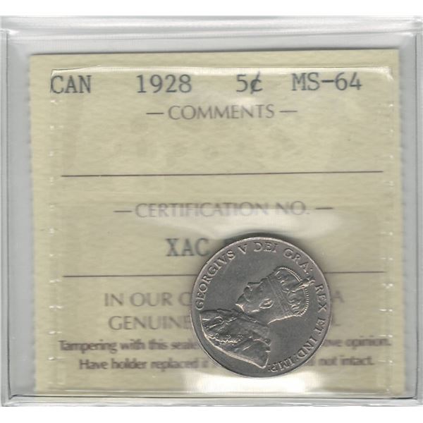 1928 Canada 5 Cent ICCS MS 64