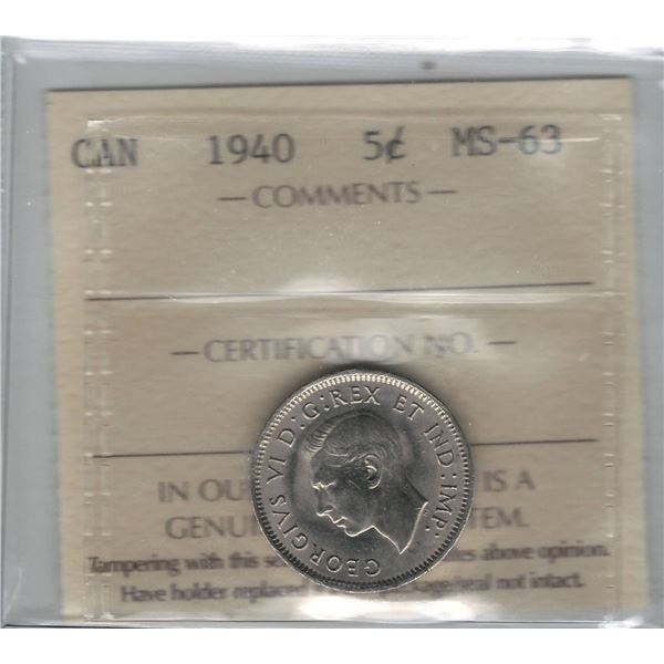 1940 Canada 5 Cent ICCS MS 63