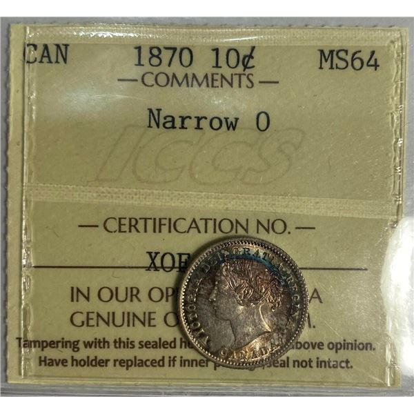 1870 Canada 10 Cent Narrow O ICCS MS 64