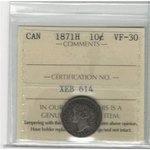1871-H Canada 10 Cent Lightly Toned ICCS VF 30