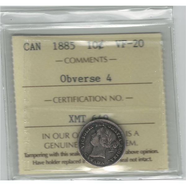 1885 Canada 10 Cent Obverse 4 ICCS VF 20