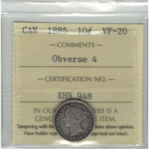 1885 Canada 10 Cent Obverse 4 ICCS VF 20