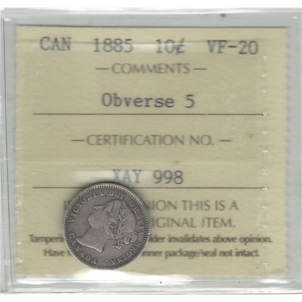 1885 Canada 10 Cent Obverse 5 ICCS VF 20